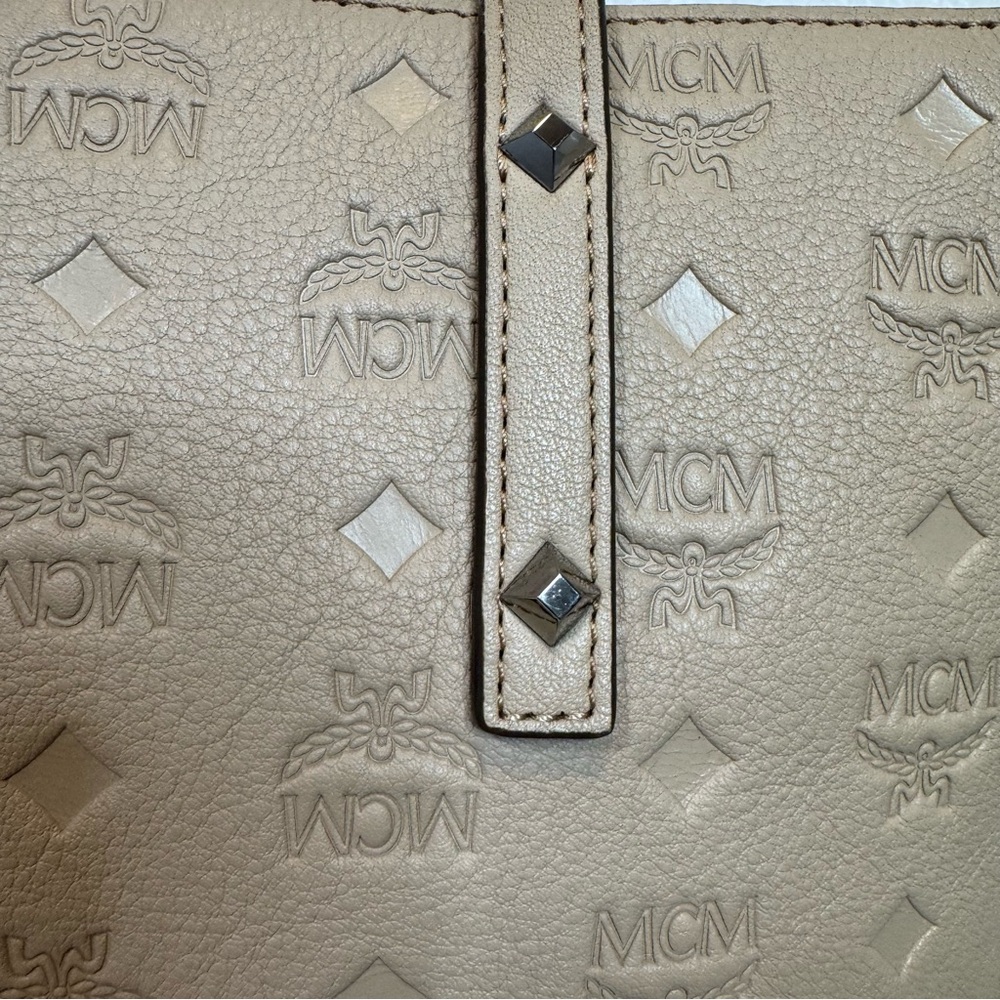 MCM Beige/Tan Logo Embossed Leather Tote - Picture 5 of 14
